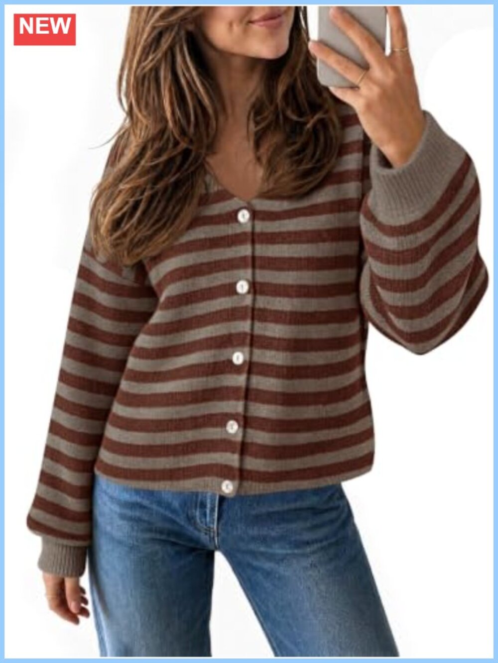 Women's Oversized Striped Cardigan V-Neck Button Down Knit Sweater